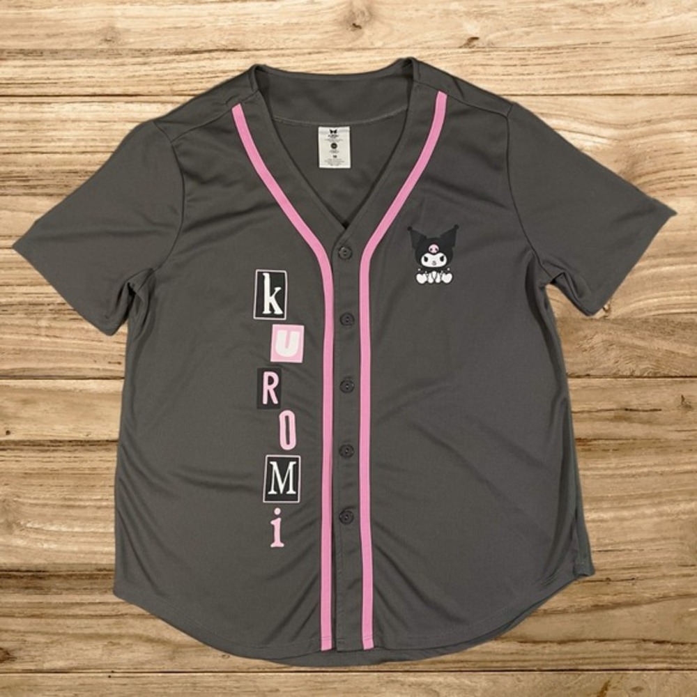 Sanrio Kuromi Baseball Jersey RARE Grey Pink Button Mesh Shirt Hybrid Apparel‎ M